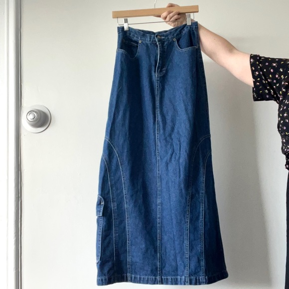 kik girl Dresses & Skirts - Vintage 90 y2k Kik Girl Raver Maxi Denim Skirt, Cargo Flared Maxi Skirt, pocket